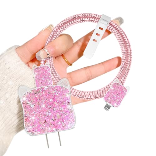 DiyGody Glitzernd Ladekabelschutz Set für 18/20W Ladegerät Kompatibel mit iPhone, Datenleitung Draht Saver Kabelschutz mit katzenohrförmigem Design, Anti-Breaking-Zubehör für USB-C Typ-L Kabel, Rosa von DiyGody
