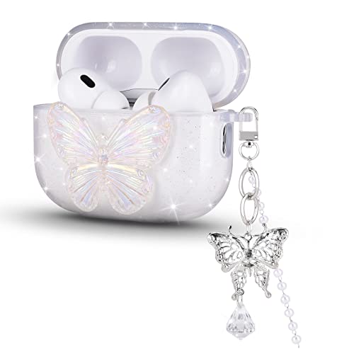 DiyGody Glitzernde Schmetterling Schutzhülle für Airpods Pro 2nd Generation, Sparkle Hülle mit Schlüsselanhänger für Frauen, Stoßfeste TPU Anti-Rutsch Kratzfest Ultradünn Case für AirPods Pro 2 2022 von DiyGody