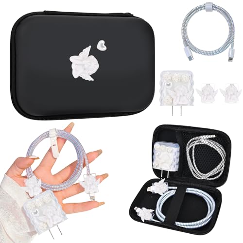 DiyGody Kabel Organizer mit Ladekabelschutz Set Kompatibel mit iPhone, Datenleitung Draht Saver USB-C Kabelschutz mit 3D Engel Muster für Mädchen, Anti-Breaking-Zubehör von Hund Katze, Schwarz von DiyGody