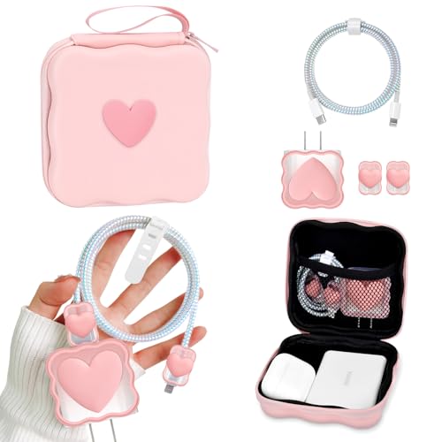 DiyGody Kabel Organizer mit Ladekabelschutz Set Kompatibel mit iPhone, Kabeltasche Elektronikzubehör Organizer aus Wasserdichtes Eva, Datenleitung Draht Saver USB-C Kabelschutz für Mädchen, Rosa Herz von DiyGody