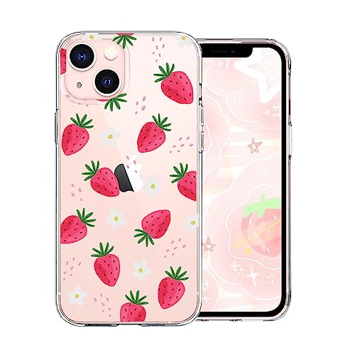 DiyGody Niedliche Handyhülle für iPhone 13 [6,1 Zoll] mit Süße Erdbeere Muster, Flüssigsilikon Weiches TPU Schutzhülle Stoßfeste Abdeckung, Gelb-beständige Dünne Transparente Handyhülle für iPhone 13 von DiyGody