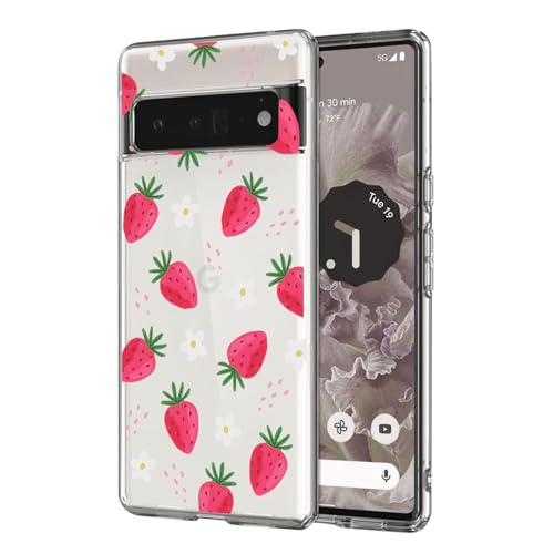 DiyGody Transparente Handyhülle Kompatibel mit Google Pixel 6 Pro 6,7 Zoll 2021, Ultradünn Weich Silikon TPU Schutzhülle mit Erdbeere Blumen Muster für Frauen, Anti-Rutsch Stoßfest Hybrid-Schutz Hülle von DiyGody