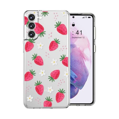 DiyGody Transparente Handyhülle Kompatibel mit Samsung Galaxy S21 FE 6,4 Zoll, Ultradünn Weich Silikon TPU Schutzhülle mit Erdbeere Blumen Muster für Frauen, Anti-Rutsch Stoßfest Hybrid-Schutz Hülle von DiyGody