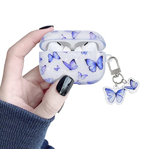 Glänzend Kopfhörerhülle für Airpods Pro mit Schlüsselanhänger, Niedliche Blau Schmetterlingsmuster-Design für Mädchen, Weiche Silikon Stoßfeste TPU Ultradünn Anti-Rutsch Schutzhülle für Airpods Pro von DiyGody