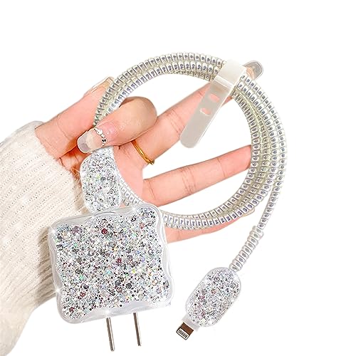 Luxuriös Kabelschutz Set mit Glitzernde Pailletten Design für iPhone Ladegerät, Flexibler USB Schutz, Maus Kabelschutz, Kabel Ladegerät Schutzkabel für iPhone, Anti-Biss Zubehör von Haustier - Silbern von DiyGody