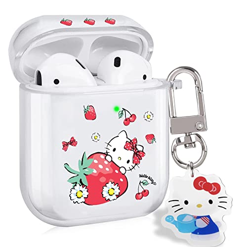 Niedliche Cartoon AirPods Kopfhörerhülle, Airpods 2/1 Schutzhülle mit Kawaii Schlüsselanhänger für Frauen, Mädchen und Kinder, Stoßfeste Silikon-Schutzhülle für AirPods - Erdbeeren Kätzchen von DiyGody