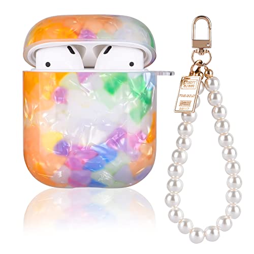 Niedliche Funkelndes Stoßfeste Kopfhörerhülle für AirPods 1&2 mit Perle Schlüsselanhänger, Weiches Silikon TPU Anti-Rutsch Ultradünn Kein Geruch, Elegant Regenbogen Gelbe Design der Hülle für Mädchen von DiyGody