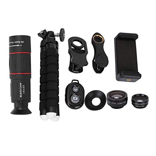 Telefon-Kameraobjektiv-Kit, 4-in-1-Universal-Telefonobjektiv-Kit für Externe Kameras, 18-Fach Teleskopobjektiv, 0,63-Fach Weitwinkel-15-fach Makroobjektiv, 198 ° Fisheye-Objektiv, Oktopus-Stativ von Diyeeni