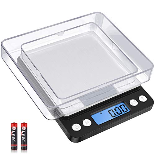 Diyife Feinwaage 500g/0,01g, Briefwaage, Taschenwaage, Hohe Präzision, LCD-Display mit Hintergrundbeleuchtung, Küchenwaage mit Tara-Funktion & PCS, mit 2 Tablett & Batterien - Schwarz von Diyife