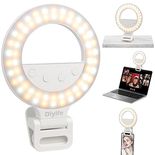 Diyife Selfie Licht,[Aufgerüstet] 360° Drehbar Ringlicht Handy mit Faltbar Clip, 10 Einstellbare Helligkeiten, Wiederaufladbar 1000mAh Akku, 60 LED Ringleuchte für Handys, Laptop, für Selfie, Meeting von Diyife