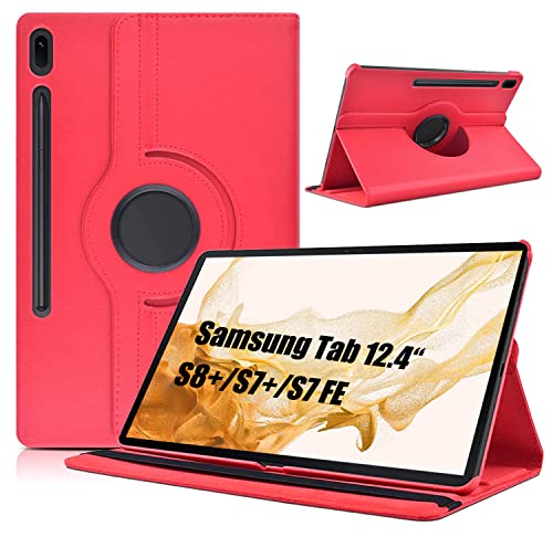 Dlahaby Hülle für Samsung Tab S8+ S8 Plus 2022 /S7 FE 2021/S7 Plus 2020 12.4 Zoll,PU Leder mit Drehbar Standfunktion Schutzhülle für Tablet Samsung Tab S7 Fe/S8 Plus/S7 Plus,Rot von Dlahaby