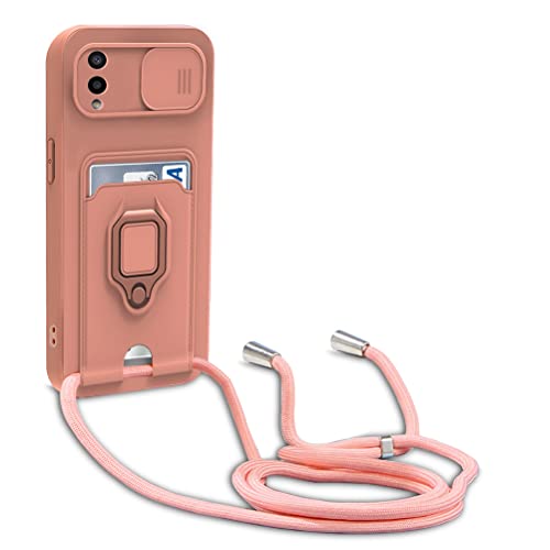 Dllatui Handyhülle Kompatibel mit Samsung Galaxy A02/M02 Halsband Lanyard Silikonhülle,mit Kamera Schutz Schieber,Drehbarer Ständer mit Kartenfach Necklace Hülle (Pink) von Dllatui