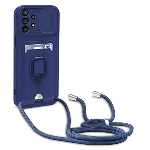 Dllatui Handyhülle Kompatibel mit Samsung Galaxy A32 5G Halsband Lanyard Silikonhülle,mit Kamera Schutz Schieber,Drehbarer Ständer mit Kartenfach Necklace Hülle (Blau) von Dllatui