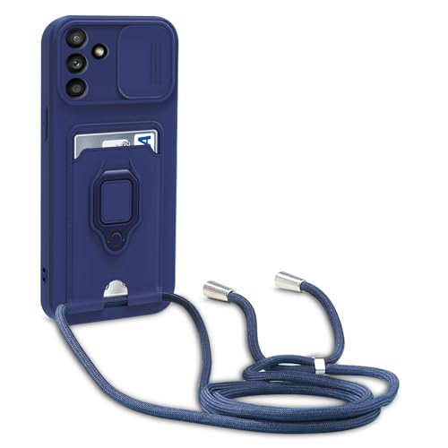 Dllatui Handyhülle Kompatibel mit Samsung Galaxy A35 Halsband Lanyard Silikonhülle,mit Kamera Schutz Schieber,Drehbarer Ständer mit Kartenfach Necklace Hülle (Blau) von Dllatui