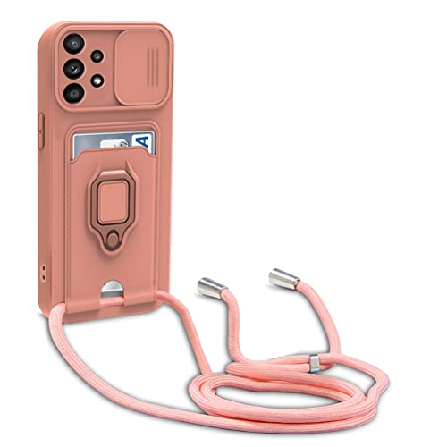 Dllatui Handyhülle Kompatibel mit Samsung Galaxy A52 5G/4G/A52s 5G Halsband Lanyard Silikonhülle,mit Kamera Schutz Schieber,Drehbarer Ständer mit Kartenfach Necklace Hülle (Pink) von Dllatui