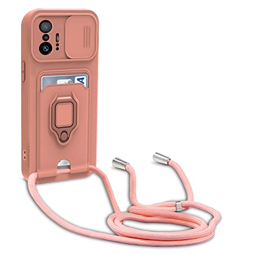 Dllatui Handyhülle Kompatibel mit Xiaomi Mi 11T/Mi 11T Pro Halsband Lanyard Silikonhülle,mit Kamera Schutz Schieber,Drehbarer Ständer mit Kartenfach Necklace Hülle (Pink) von Dllatui