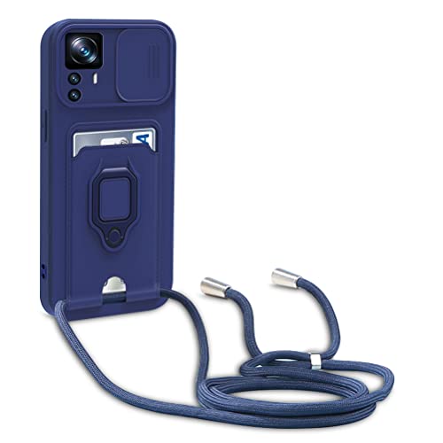 Dllatui Handyhülle Kompatibel mit Xiaomi Mi 12T/Mi 12T Pro Halsband Lanyard Silikonhülle,mit Kamera Schutz Schieber,Drehbarer Ständer mit Kartenfach Necklace Hülle (Blau) von Dllatui