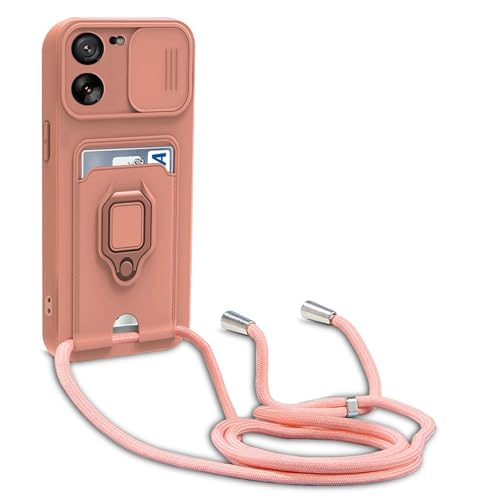 Dllatui Handyhülle Kompatibel mit Xiaomi Mi 13T/13T Pro Halsband Lanyard Silikonhülle,mit Kamera Schutz Schieber,Drehbarer Ständer mit Kartenfach Necklace Hülle (Pink) von Dllatui