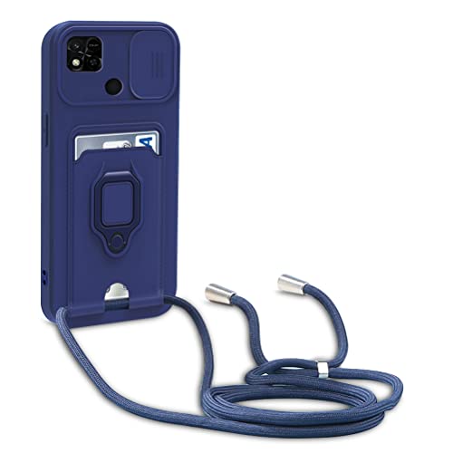 Dllatui Handyhülle Kompatibel mit Xiaomi Redmi 10A/9C/9A/Poco C3 Halsband Lanyard Silikonhülle,mit Kamera Schutz Schieber,Drehbarer Ständer mit Kartenfach Necklace Hülle (Blau) von Dllatui