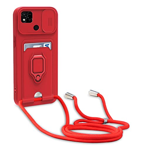 Dllatui Handyhülle Kompatibel mit Xiaomi Redmi 10A/9C/9A/Poco C3 Halsband Lanyard Silikonhülle,mit Kamera Schutz Schieber,Drehbarer Ständer mit Kartenfach Necklace Hülle (Rot) von Dllatui