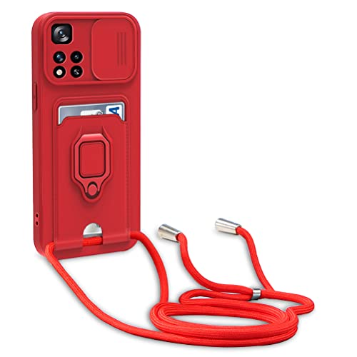 Dllatui Handyhülle Kompatibel mit Xiaomi Redmi Note 11 Pro Plus/Note 11 Pro + 5G Halsband Lanyard Silikonhülle,mit Kamera Schutz Schieber,Drehbarer Ständer mit Kartenfach Necklace Hülle (Rot) von Dllatui