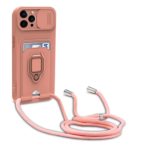 Dllatui Handyhülle Kompatibel mit iPhone 12 Pro Max Halsband Lanyard Silikonhülle,mit Kamera Schutz Schieber,Drehbarer Ständer mit Kartenfach Necklace Hülle (Pink) von Dllatui