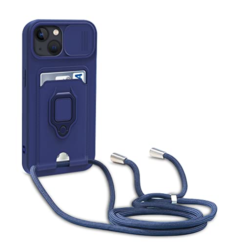 Dllatui Handyhülle Kompatibel mit iPhone 13 Halsband Lanyard Silikonhülle,mit Kamera Schutz Schieber,Drehbarer Ständer mit Kartenfach Necklace Hülle (Blau) von Dllatui