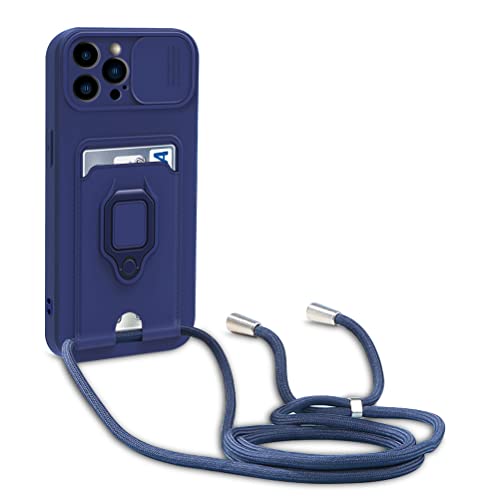 Dllatui Handyhülle Kompatibel mit iPhone 14 Pro Max Halsband Lanyard Silikonhülle,mit Kamera Schutz Schieber,Drehbarer Ständer mit Kartenfach Necklace Hülle (Blau) von Dllatui