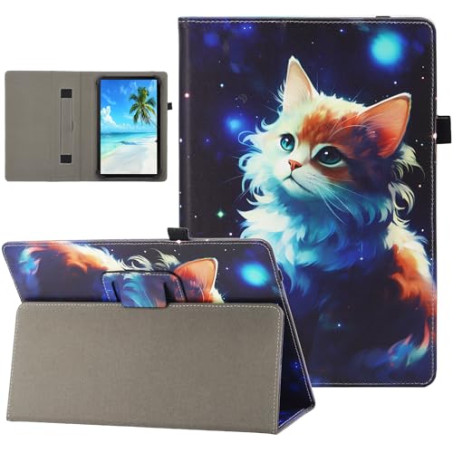 Dluggs Universal-Schutzhülle für Android-Tablets mit 17,8 cm (7 - 8,5 Zoll), schmal, klappbar, Standfunktion, Lederhülle, mit Handschlaufe, Weltraumkatze von Dluggs