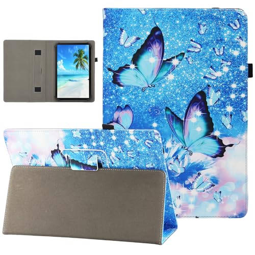 Dluggs Universal-Schutzhülle für Android-Tablets mit 17,8 cm (7 - 8,5 Zoll), schmal, klappbar, Standfunktion, Lederhülle, mit Handschlaufe, blauer Schmetterling von Dluggs