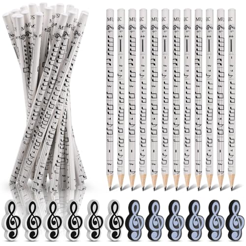 Dncvb 36 Stück Musiknoten Stifte Set, 24 Bleistifte für Musiknoten + Radiergummis Mit Musiksymbolen, Musikmotiven Bleistifte, Bleistift Musik Für Studenten Kinder Partygeschenke Klassenzimmer von Dncvb