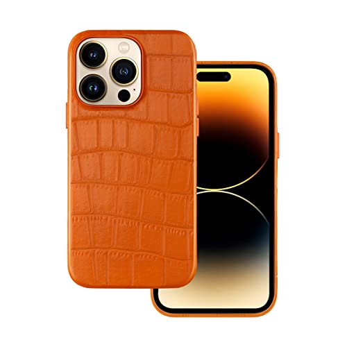 Docco Jette kompatibel mit iPhone 14 Pro Lederhülle, echtes Rindsleder hülle geprägtes Krokodilmuster für iPhone 14 Pro, integrierte Magnete für MagSafe-Kroko Orange von Docco Jette