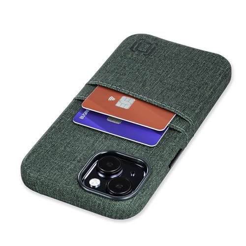 Dockem Kartenetui für iPhone 15 mit Integrierter Metallplatte für Magnetischen Befestigung und 2 Kartenfächer: Luxe M2 Canvas-Stil Kunstleder Kartenhülle (iPhone 15, Grün) von Dockem