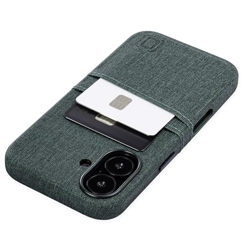 Dockem Kartenetui für iPhone 16 mit Integrierter Metallplatte für Magnetischen Befestigung und 2 Kartenfächer: M2 Luxe Canvas-Stil Kunstleder Kartenhülle (Grün) von Dockem