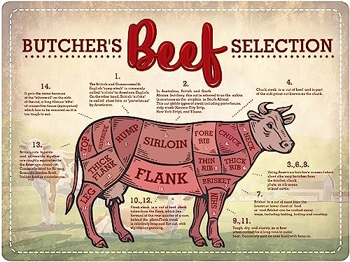 DODINO 30x40cm, BUTCHERS SELECTION, Retro Metall BBQ Wandschild Blechschild Vintage Retro Kuh Schneiden Rind Küche Rindfleisch von Dodino