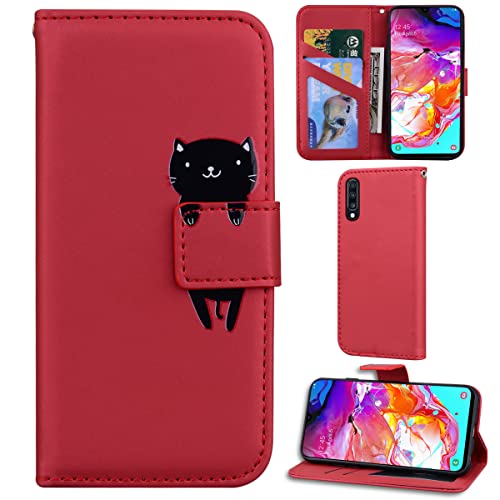 DodoBuy Hülle für Samsung Galaxy A70, Cartoon Tiere Muster Magnetische Flip Cover PU Leder Schutzhülle Handy Tasche Brieftasche Wallet Case Ständer mit Kartenfächer - Rot Katze von DodoBuy