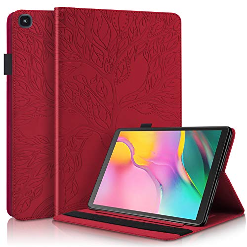 DodoBuy Hülle für Samsung Galaxy Tab A 10.1" 2019 T510/T515, Leben Baum Muster Flip Smart Cover PU Leder Schutzhülle Tasche Brieftasche Wallet Case Ständer mit Kartenfächer Gummiband - Rot von DodoBuy