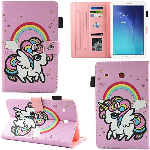 DodoBuy Hülle für Samsung Galaxy Tab E 9.6",Flip Folio Smart Cover PU Leder Schutzhülle Tasche Brieftasche Wallet Case Ständer mit Kartenfächer Magnetverschluss - Regenbogen Pferd von DodoBuy