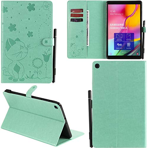 DodoBuy Hülle für Samsung Galaxy Tab S5e, Katze Muster PU Leder Schutzhülle Tasche Case Flip Folio Smart Cover Brieftasche Ständer Kartenfächer Magnetverschluss - Grün von DodoBuy