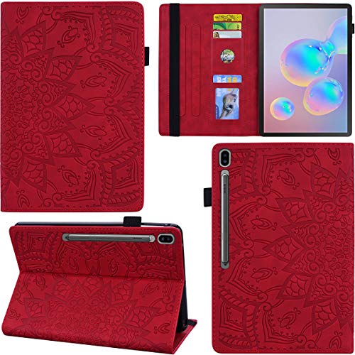 DodoBuy Hülle für Samsung Galaxy Tab S6 10,5", Mandala Muster Flip Smart Cover PU Leder Schutzhülle Tasche Brieftasche Multi-Winkel Wallet Case Ständer mit Kartenfächer - Rot von DodoBuy