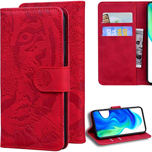 DodoBuy Hülle für Xiaomi Redmi Note 9 Pro/Note 9S, Prägen Tiger Muster Magnetische Flip Folio Cover PU Leder Schutzhülle Handy Tasche Brieftasche Wallet Case Ständer mit Kartenfächer - Rot von DodoBuy