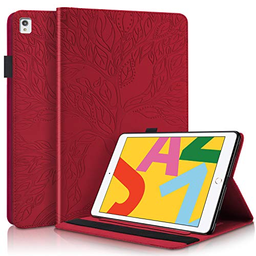 DodoBuy Hülle für iPad 10.2"/iPad Pro 10.5/iPad Air 10.5, Leben Baum Muster Flip Smart Cover PU Leder Schutzhülle Tasche Brieftasche Wallet Case Ständer mit Kartenfächer Gummiband - Rot von DodoBuy