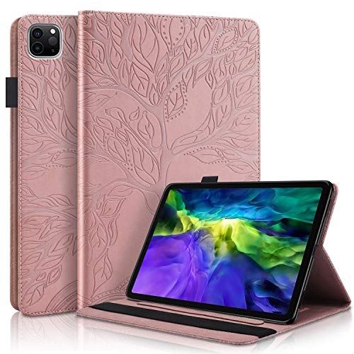 DodoBuy Hülle für iPad Pro 11 Zoll 2020/2018, Leben Baum Muster Flip Smart Cover PU Leder Schutzhülle Tasche Brieftasche Wallet Case Ständer mit Kartenfächer Gummiband - Roségold von DodoBuy