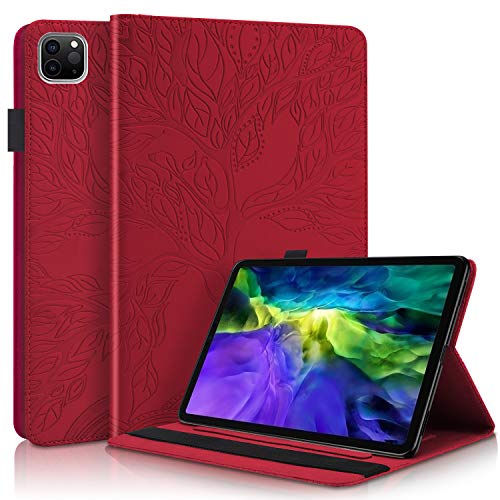 DodoBuy Hülle für iPad Pro 11 Zoll 2020/2018, Leben Baum Muster Flip Smart Cover PU Leder Schutzhülle Tasche Brieftasche Wallet Case Ständer mit Kartenfächer Gummiband - Rot von DodoBuy