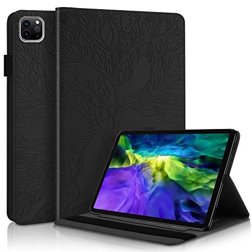 DodoBuy Hülle für iPad Pro 11 Zoll 2020/2018, Leben Baum Muster Flip Smart Cover PU Leder Schutzhülle Tasche Brieftasche Wallet Case Ständer mit Kartenfächer Gummiband - Schwarz von DodoBuy