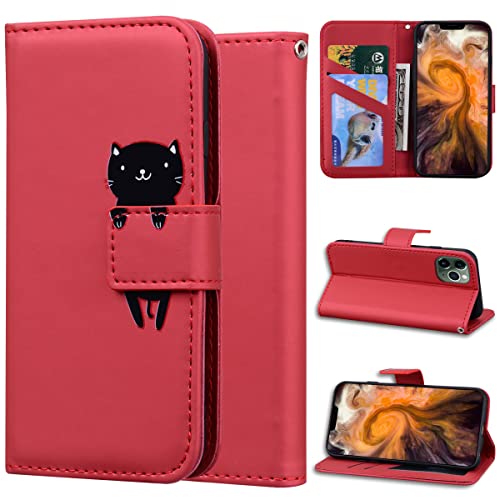 DodoBuy Hülle für iPhone 11, Cartoon Tiere Muster Magnetische Flip Cover PU Leder Schutzhülle Handy Tasche Brieftasche Wallet Case Ständer mit Kartenfächer - Rot Katze von DodoBuy