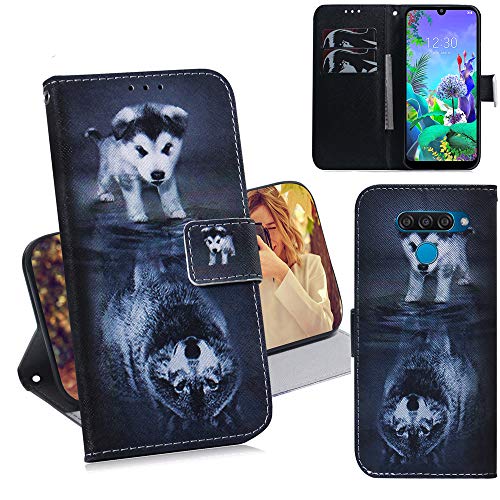 DodoBuy LG K50/Q60 Hülle Flip PU Leder Schutzhülle Handy Tasche Case Cover Wallet Standfunktion mit Kartenfächer Magnetverschluss für LG K50/Q60 - Hund Wolf von DodoBuy