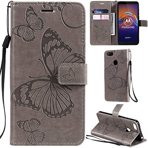 DodoBuy Motorola Moto E6 Play Hülle 3D Schmetterling Muster Prämie PU Leder Schutzhülle Tasche Case Flip Cover Brieftasche Ständer mit Kartenfächer Kartenfach für Motorola Moto E6 Play - Grau von DodoBuy