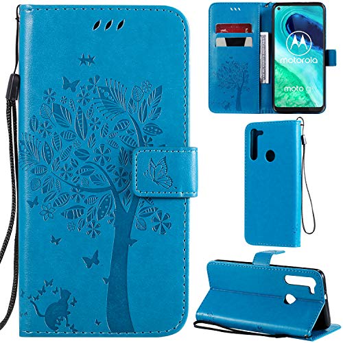 DodoBuy Motorola Moto G8 Hülle Katze Baum Muster Flip PU Leder Schutzhülle Handy Tasche Case Cover Standfunktion mit Kartenfächer für Motorola Moto G8 - Blau von DodoBuy
