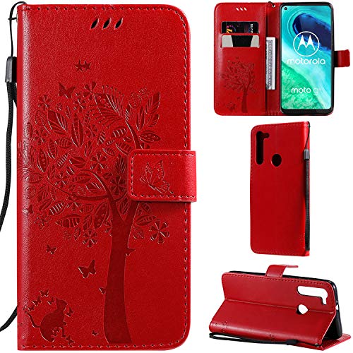 DodoBuy Motorola Moto G8 Hülle Katze Baum Muster Flip PU Leder Schutzhülle Handy Tasche Case Cover Standfunktion mit Kartenfächer für Motorola Moto G8 - Rot von DodoBuy